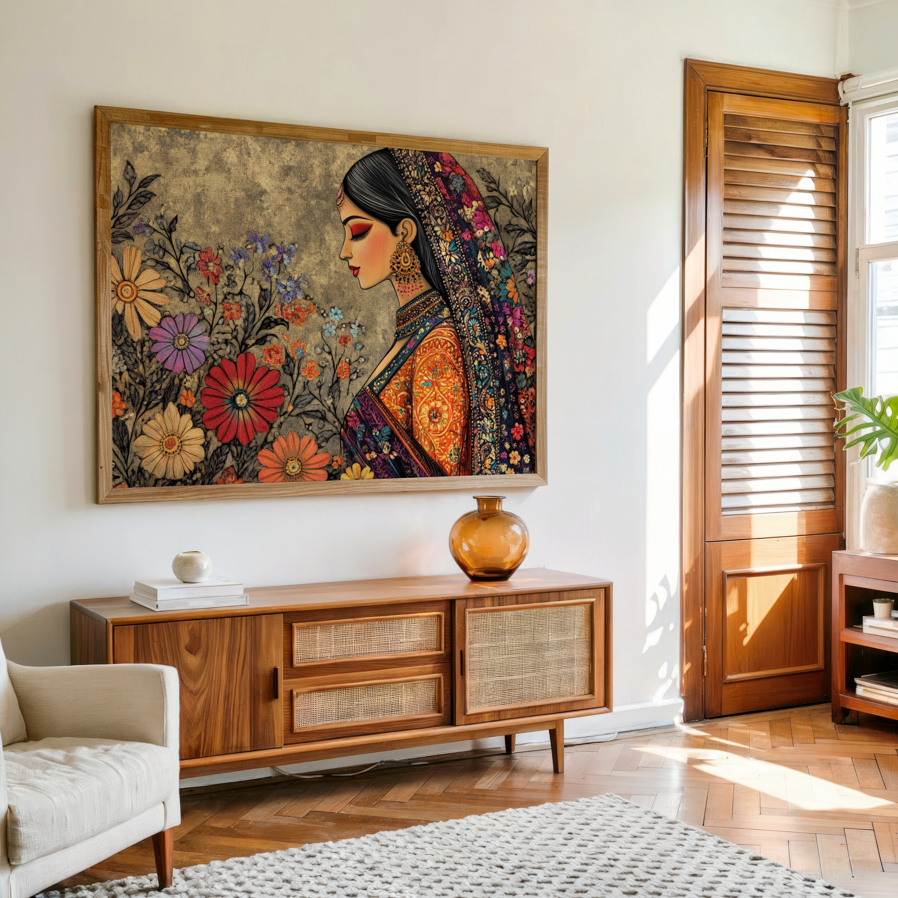 Madhubani-inspired woman canvas wall art with colorful sari